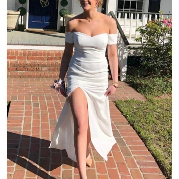 DRESS THE POPULATION Logan Off the Shoulder Evening Dress in Off White X-Small - Picture 4 of 15